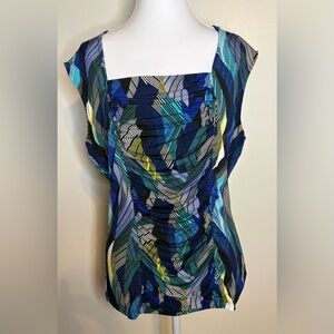 Style & Co Women's Ruched Front Top Size Large Multicolored Geometric Print